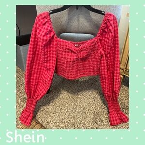 SHEIN Pink Checkered Smocked Top